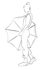One continuous single drawing line art flat doodle umbrella, girl, rain, female, woman, weather, fashion, happy, rainy. Isolated image hand draw contour on a white background, hand drawn, not AI