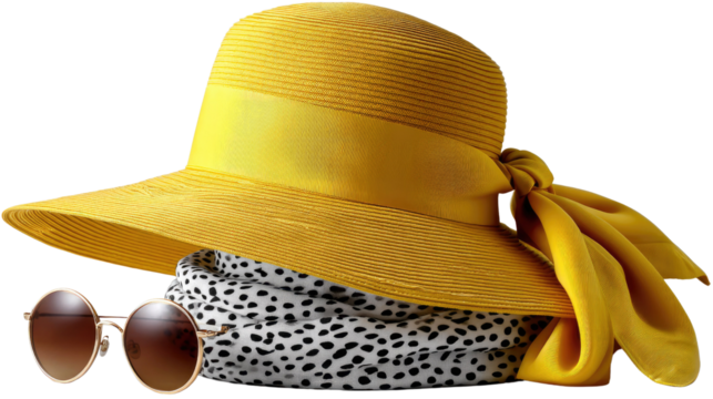 Sunny day accessories: A stylish yellow sun hat and stylish sunglasses accessories arranged gracefully, radiating elegance. A light scarf sits behind the glasses.