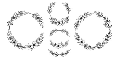 Fototapeta premium and drawn floral compositions in line art style. Elegant frame of flowers, stems and leaves. Trendy botanical elements. 