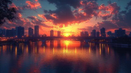 Fototapeta premium City skyline at sunset over a river. Vivid colors reflect on water