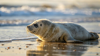 baby seal lying on wet sand soft focus beauty