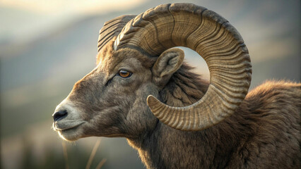 close up portrait of big horn sheep with large horns