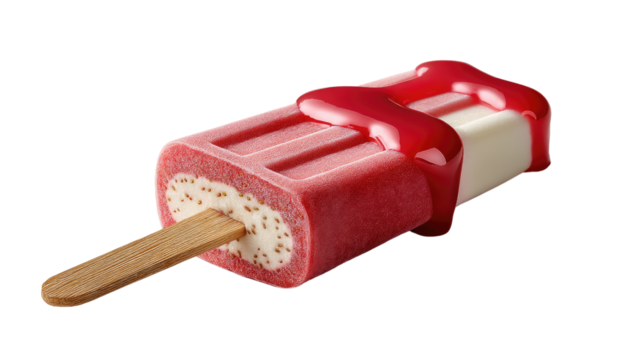 Red Delicious: An image of refreshing popsicle, featuring a strawberry-flavored outer layer with cream filling, and drenched in a drizzle of fruity syrup.
