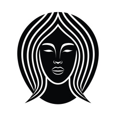 Elegant black and white illustration depicting a serene face with long flowing hair in a circular arrangement.