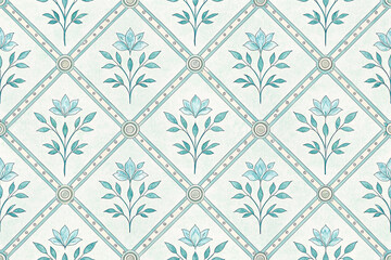 Watercolor floral tile pattern in teal with geometric arrangement for decorative design