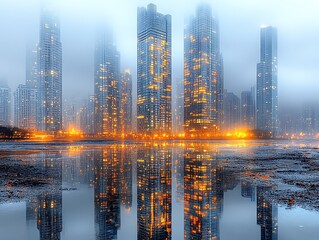 Fototapeta premium Foggy urban skyline reflected in placid water.