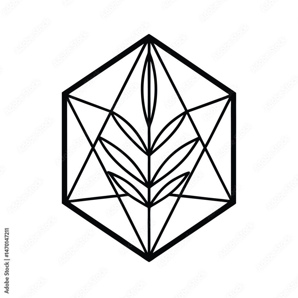 Poster modern geometric icon of a leaf inside a hexagonal shape with a minimalistic design for branding