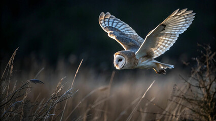 barn owl flying spreading wings hunting night