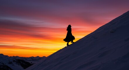 Fototapeta premium Silhouette person climbing snowy mountain sunset