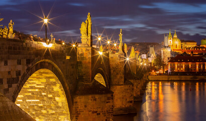 Charles Bridge with Sculptures and Towers at Night, Prague, Czech Republic