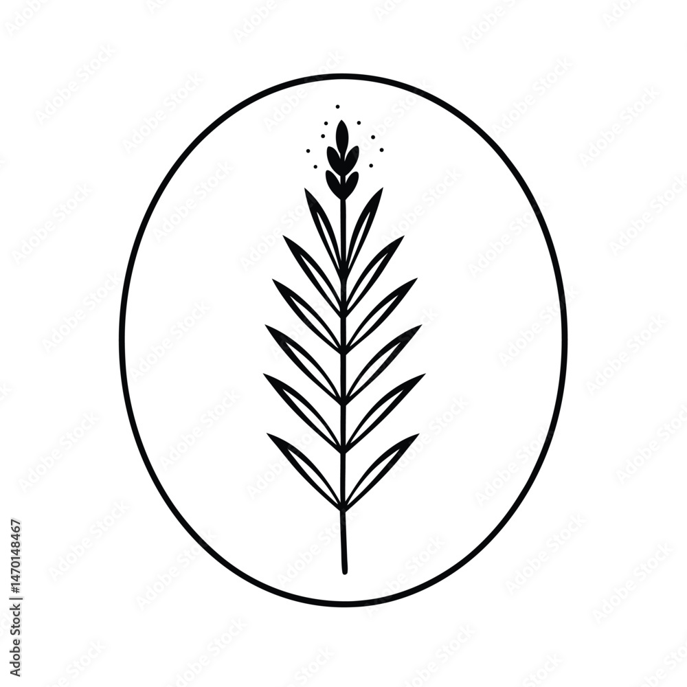 Poster minimalist black and white botanical illustration of a leaf design enclosed within a simple circular
