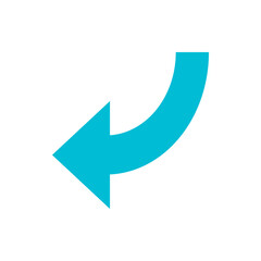 A cyan arrow curving downwards and pointing to the left on a white background in a simple vector graphic