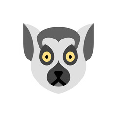 Illustration of a ring tailed lemur face with grey and white fur and yellow eyes on a white background
