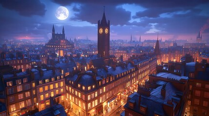 Obraz premium Cityscape at night illuminated buildings and clock tower