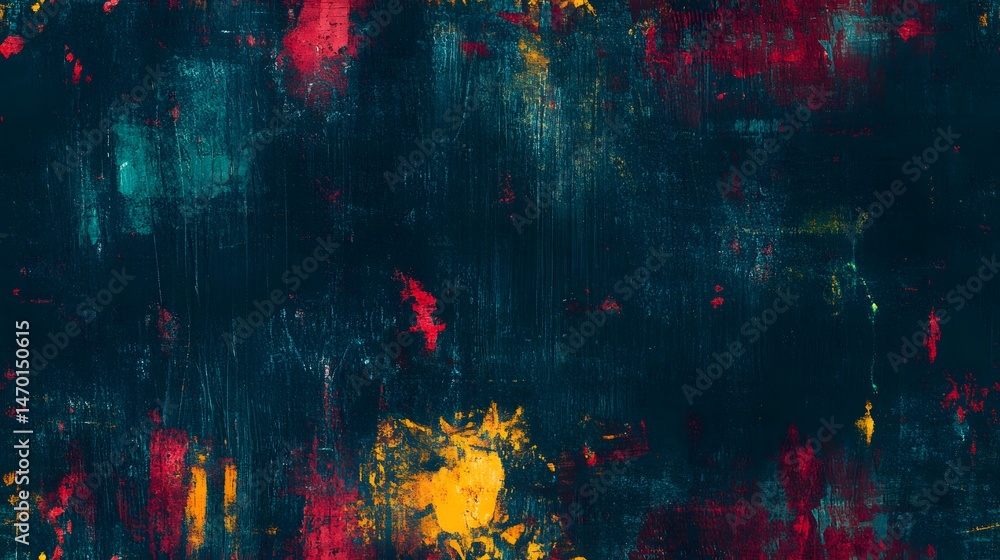 Poster abstract paint splatter pattern on a dark background.