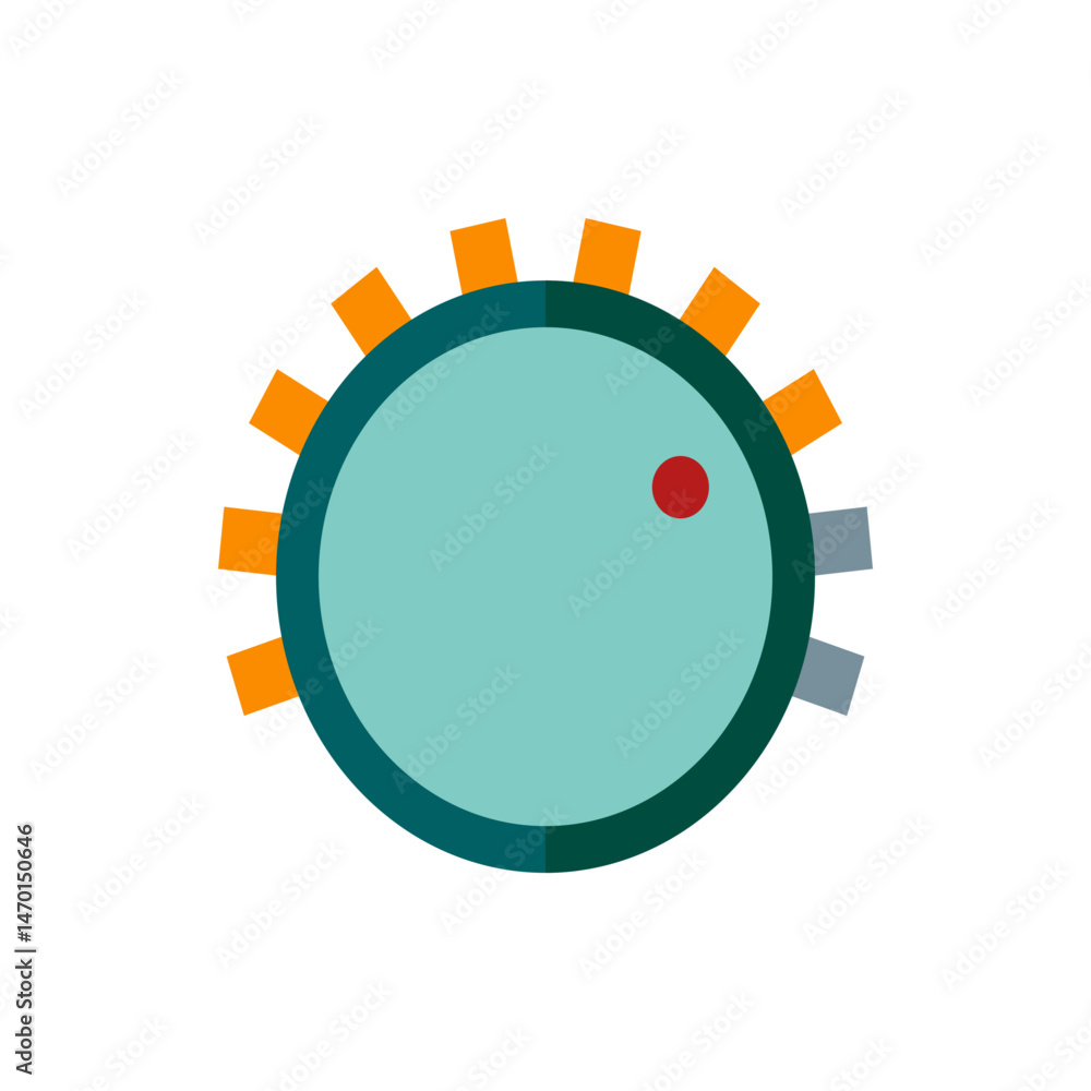 Poster circular teal shape with dark teal border and orange and gray rectangles around it and a red dot ins