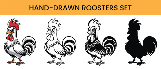Hand drawn roosters set. Engraved style and cartoon vector illustration. This is a template for your design work. It is isolated on a white Background.