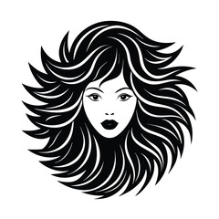 Stylish black and white illustration of a woman's face with flowing hair perfect for beauty logos