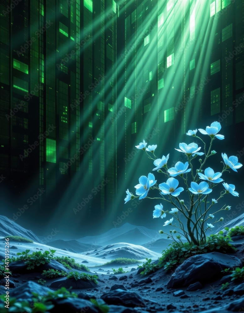 Poster imagine a mesmerizing digital landscape where the lush green hues of a mysterious abstract pattern m