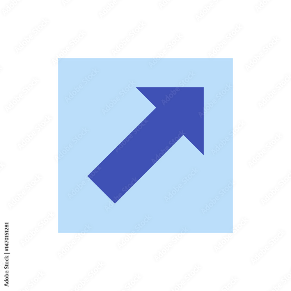 Poster blue arrow pointing to the upper right corner on a light blue square background in a simple graphic 