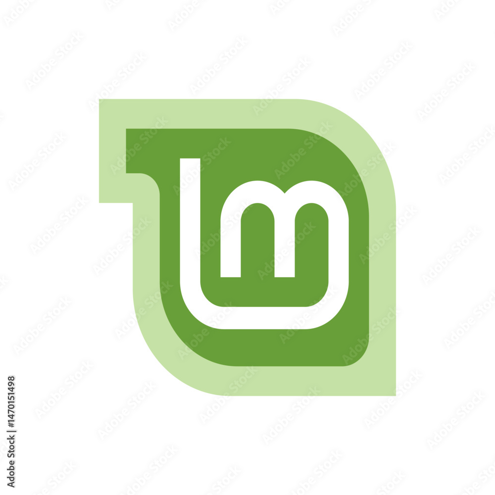 Poster a stylized letter m within a green leaf shape representing the linux mint operating system logo desi