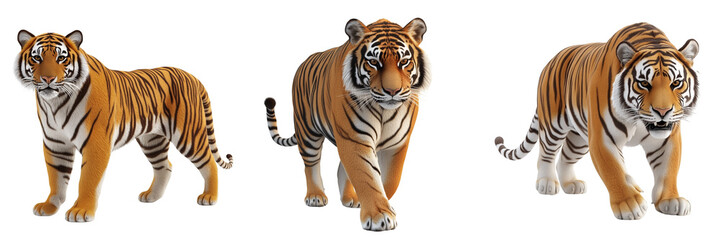 A set of realistic 3D Bengal Tiger model isolated on a transparent background