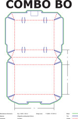 Vector illustration of a combo box die cut layout with measurements and design annotations for packaging.