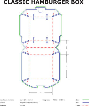 Vector illustration of a classic hamburger box die cut template showing dimensions for food packaging design