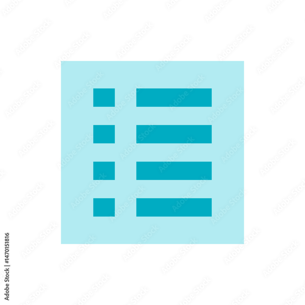 Poster teal list icon with four square bullets and four horizontal bars on a light blue background that is 