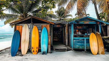 Tropical beach surf shop huts, boards, ocean view