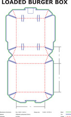 Detailed technical blueprint of a burger box packaging design with measurement information