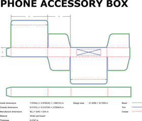 Detailed die cut template for a phone accessory box outlining dimensions bleed and crease lines for packaging design