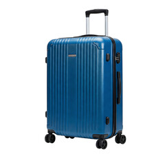 Fototapeta premium Blue suitcase with wheels cut out, representing the concept of travel and vacation