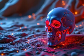 imagine a mesmerizing 3d rendering digital illustration of a skull illuminated by vibrant, glowing led lamps in a modern presentation template graphic design style