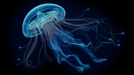 A cybernetic jellyfish floats in dark waters, its transparent bell revealing intricate circuitry, merging marine biology with artificial intelligence aesthetics.