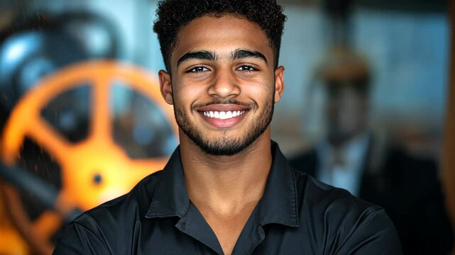 young Indian man and engineer with gears mechanic background