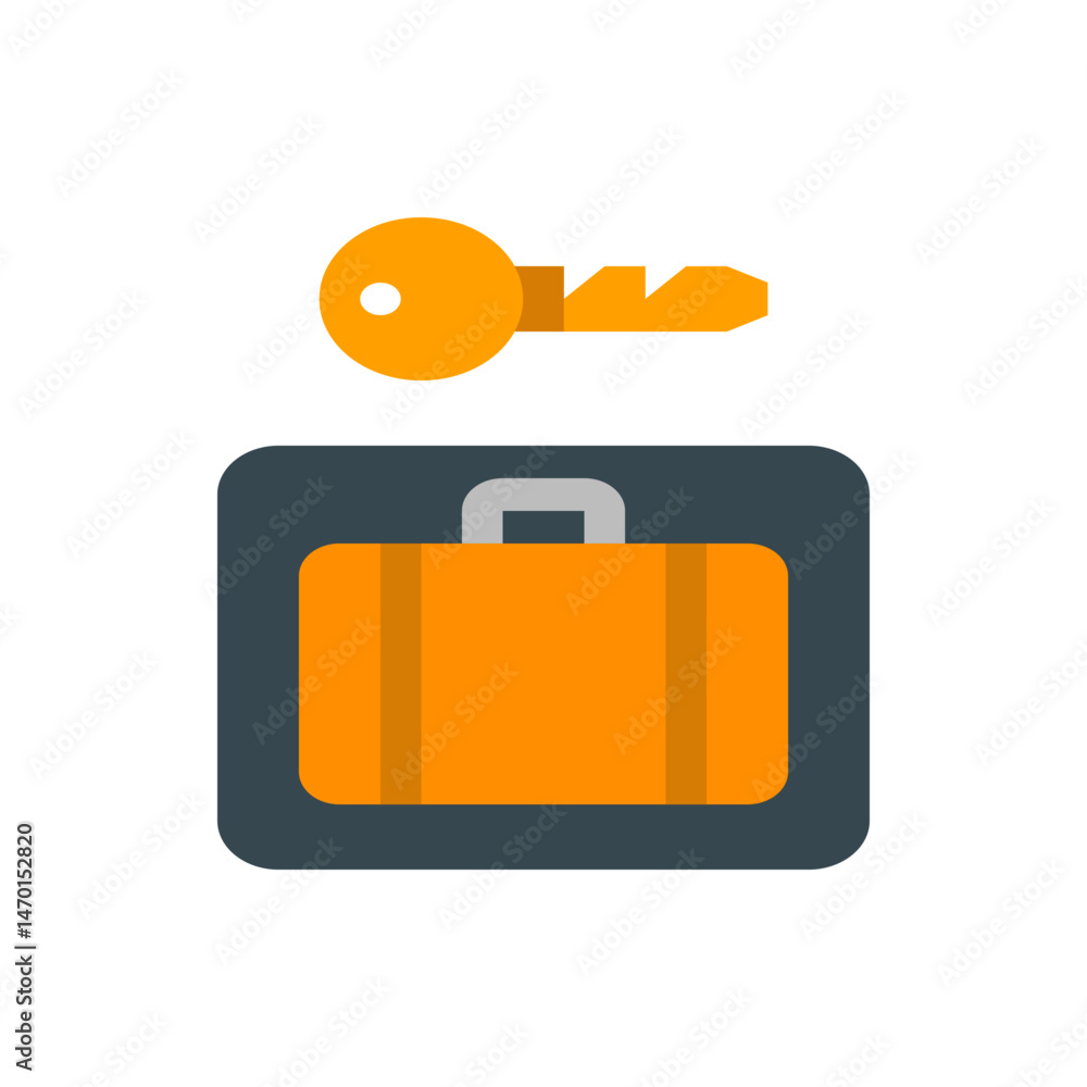 Poster illustration of a suitcase with a handle inside a rounded square with a key above it in yellow color