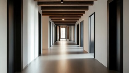 A narrow corridor with white walls, black doors, and a glass door at the end.