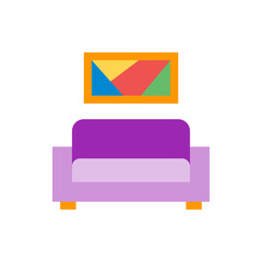 Illustration of a purple couch with a colorful geometric painting hanging above it on a white background