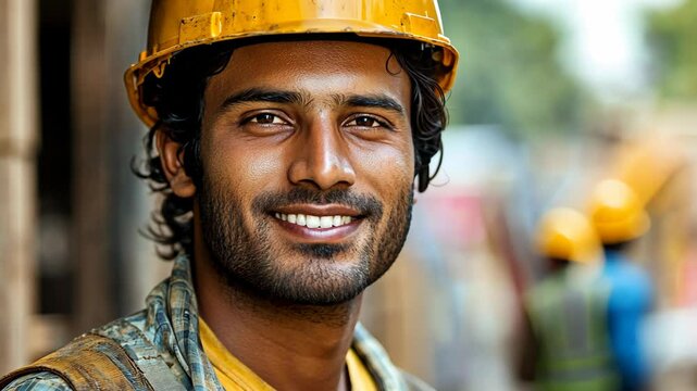 young Indian worker smiling wearing yellow safety cap , protective gear at construction site, professional worker