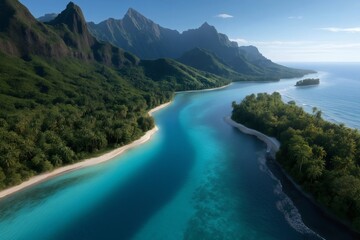 Adventure ride over island paradise tropical landscape aerial view serenity