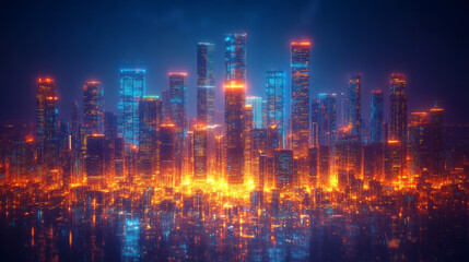 Fototapeta premium Vibrant night cityscape with illuminated skyscrapers and futuristic design