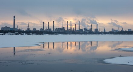 Obraz premium Industrial complex reflecting on frozen river