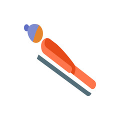 Stylized illustration of a ski jumper in action with a blue and orange hat and orange suit design element