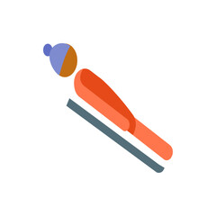 Stylized illustration of a skier in mid air with a blue and brown hat and orange suit on a gray ski line