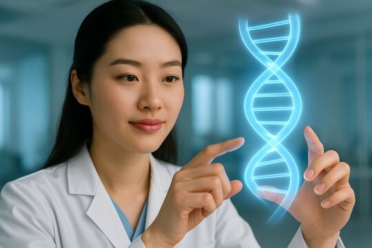 Female Scientist Interacting with Glowing DNA Strand Hologram for Genetic Research and Biotechnology Concept
