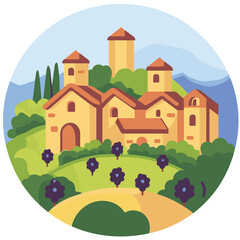 Naklejka premium Charming Mediterranean Village On A Hill With Cypress Trees And Rolling Hills In Circular Design