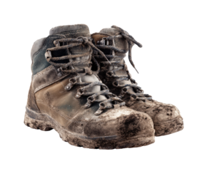 Worn hiking boots covered in mud after an adventurous outdoor trek on a transparent background, cut out