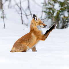Fototapeta premium Red Fox Sitting in a Snowy Winter Landscape with Evergreen Trees
