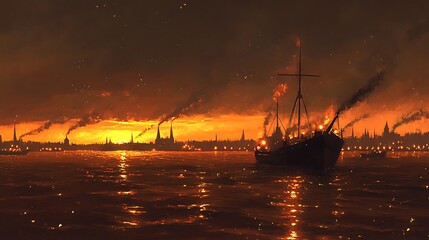 Coastal sunset scene silhouette ships buildings water reflection